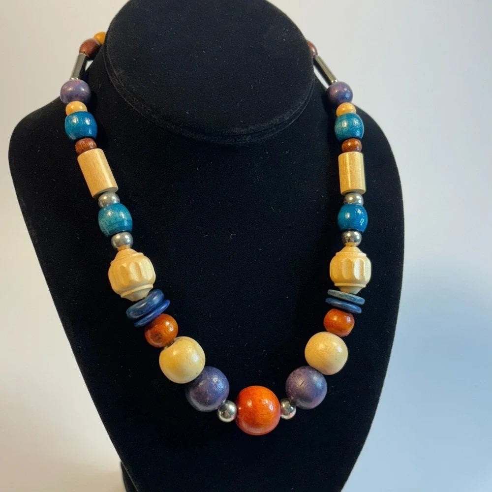Chunky Vintage Necklace Wood Beads Boho Colorful Eye Catching